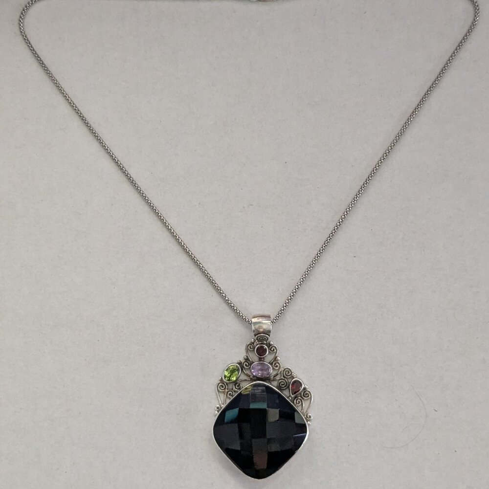 AF 925 Sterling Silver Faceted Onyx Peridot Amethyst Garnet Pendant Necklace